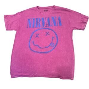 Nirvana Pink Women's Short Sleeve Nevermind Smiley Grunge Band T-Shirt Sz L